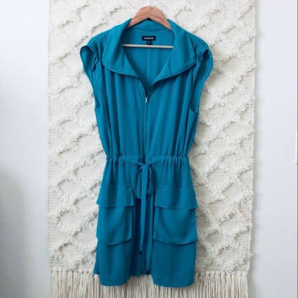 BEBE | Zip Up Drawstring Dress in Cyan Blue